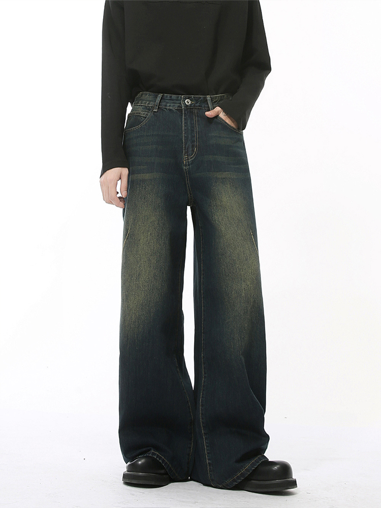 Men's American Retro High Street Loose Straight Leg Wide-Leg Denim Pants with Wrinkled Design - Floor-Length Fashion