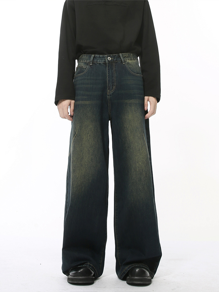 Men's American Retro High Street Loose Straight Leg Wide-Leg Denim Pants with Wrinkled Design - Floor-Length Fashion Men's American Retro High Street Loose Straight Leg Wide-Leg Denim Pants with Wrinkled Design - Floor-Length Fashion