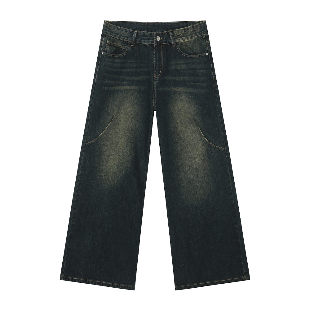 Men's American Retro High Street Loose Straight Leg Wide-Leg Denim Pants with Wrinkled Design - Floor-Length Fashion