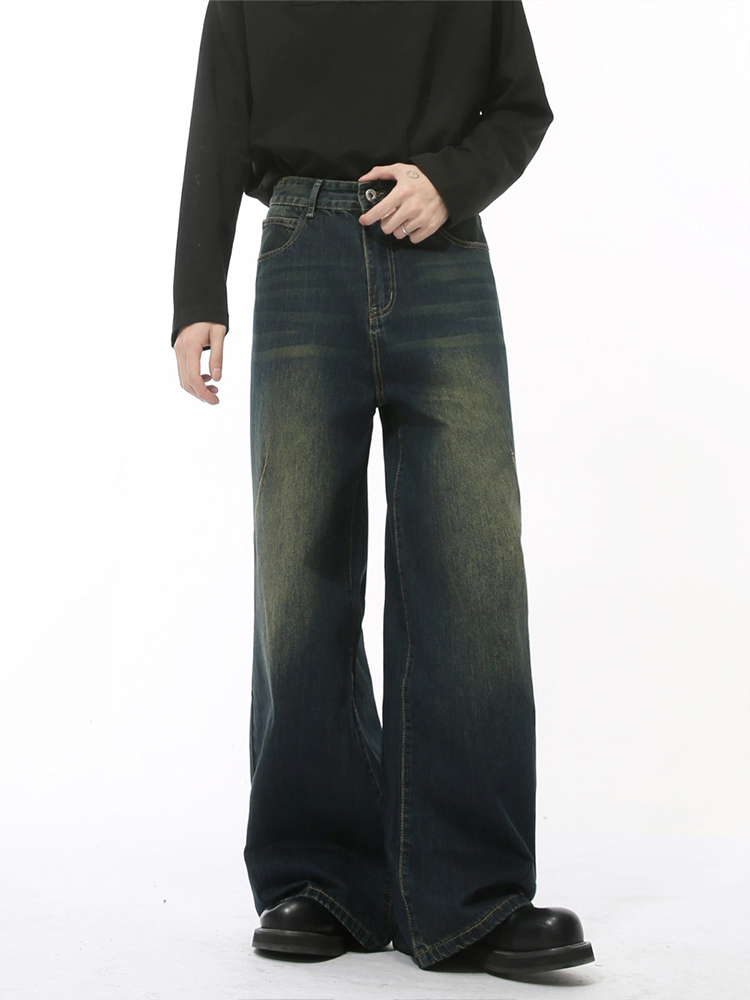 Men's American Retro High Street Loose Straight Leg Wide-Leg Denim Pants with Wrinkled Design - Floor-Length Fashion Men's American Retro High Street Loose Straight Leg Wide-Leg Denim Pants with Wrinkled Design - Floor-Length Fashion