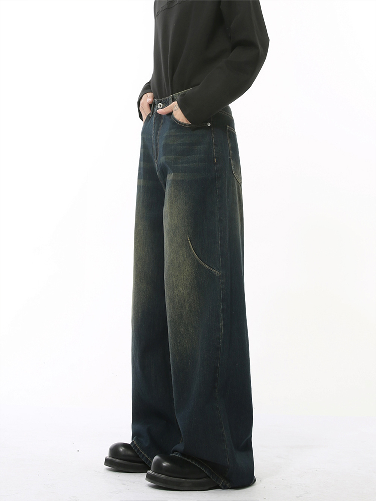 Men's American Retro High Street Loose Straight Leg Wide-Leg Denim Pants with Wrinkled Design - Floor-Length Fashion Men's American Retro High Street Loose Straight Leg Wide-Leg Denim Pants with Wrinkled Design - Floor-Length Fashion