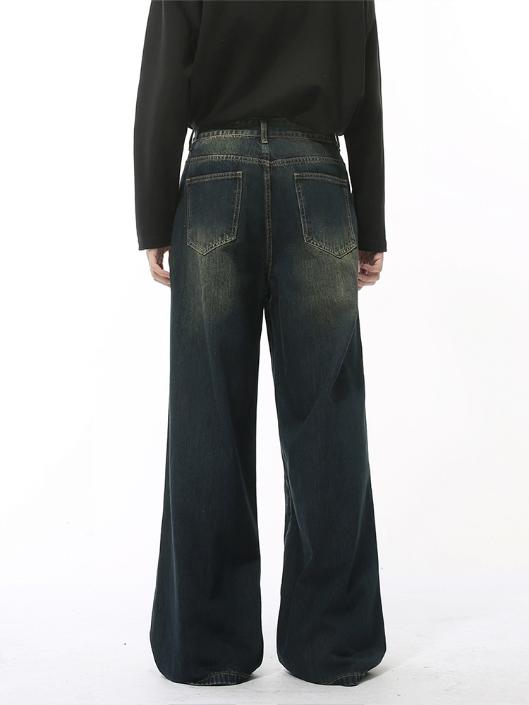 Men's American Retro High Street Loose Straight Leg Wide-Leg Denim Pants with Wrinkled Design - Floor-Length Fashion Men's American Retro High Street Loose Straight Leg Wide-Leg Denim Pants with Wrinkled Design - Floor-Length Fashion