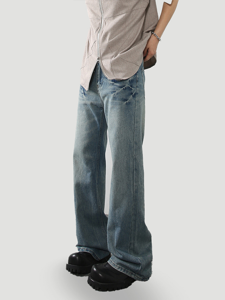 Men's American Retro Lightning Crackle Blue Jeans - Clean Fit Micro Flared Slim Long Pants Men's American Retro Lightning Crackle Blue Jeans - Clean Fit Micro Flared Slim Long Pants