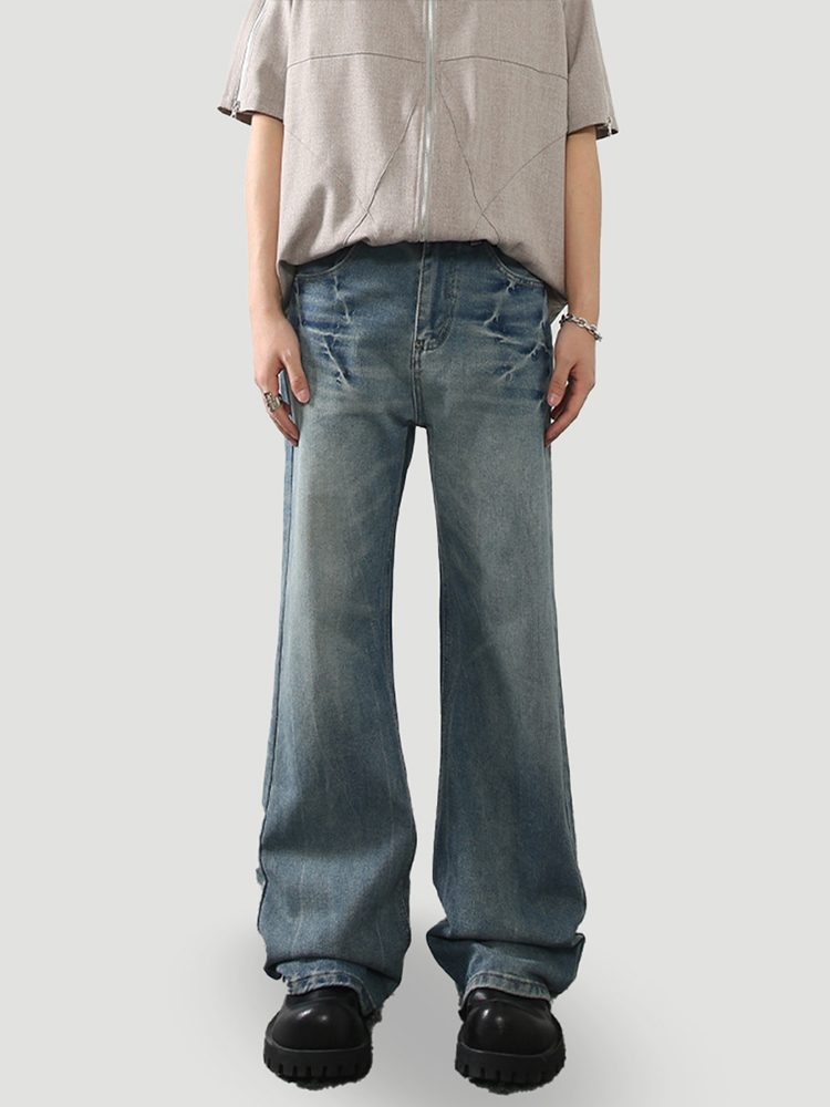 Men's American Retro Lightning Crackle Blue Jeans - Clean Fit Micro Flared Slim Long Pants Men's American Retro Lightning Crackle Blue Jeans - Clean Fit Micro Flared Slim Long Pants