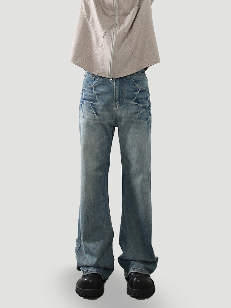 Men's American Retro Lightning Crackle Blue Jeans - Clean Fit Micro Flared Slim Long Pants Men's American Retro Lightning Crackle Blue Jeans - Clean Fit Micro Flared Slim Long Pants