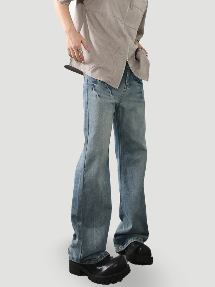 Men's American Retro Lightning Crackle Blue Jeans - Clean Fit Micro Flared Slim Long Pants