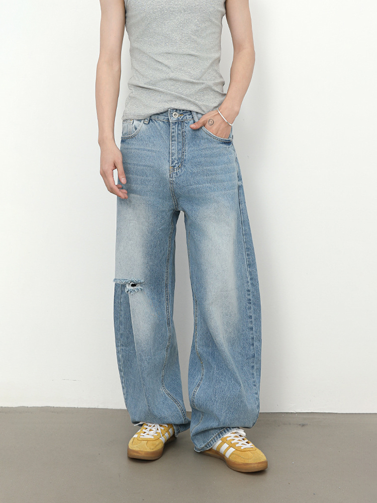 Men's American Retro Ripped Jeans, Clean Fit Curved Blade, Stylish Washed Loose Wide-Leg Pants for Y2K Fashion Men's American Retro Ripped Jeans, Clean Fit Curved Blade, Stylish Washed Loose Wide-Leg Pants for Y2K Fashion