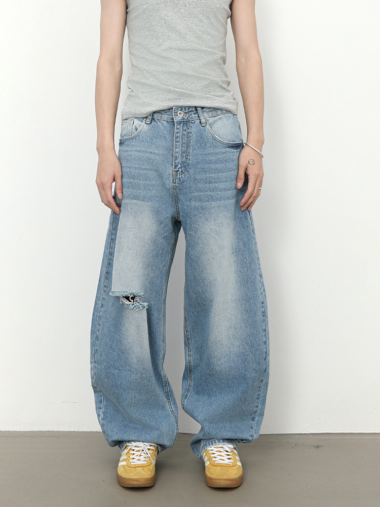 Men's American Retro Ripped Jeans, Clean Fit Curved Blade, Stylish Washed Loose Wide-Leg Pants for Y2K Fashion Men's American Retro Ripped Jeans, Clean Fit Curved Blade, Stylish Washed Loose Wide-Leg Pants for Y2K Fashion