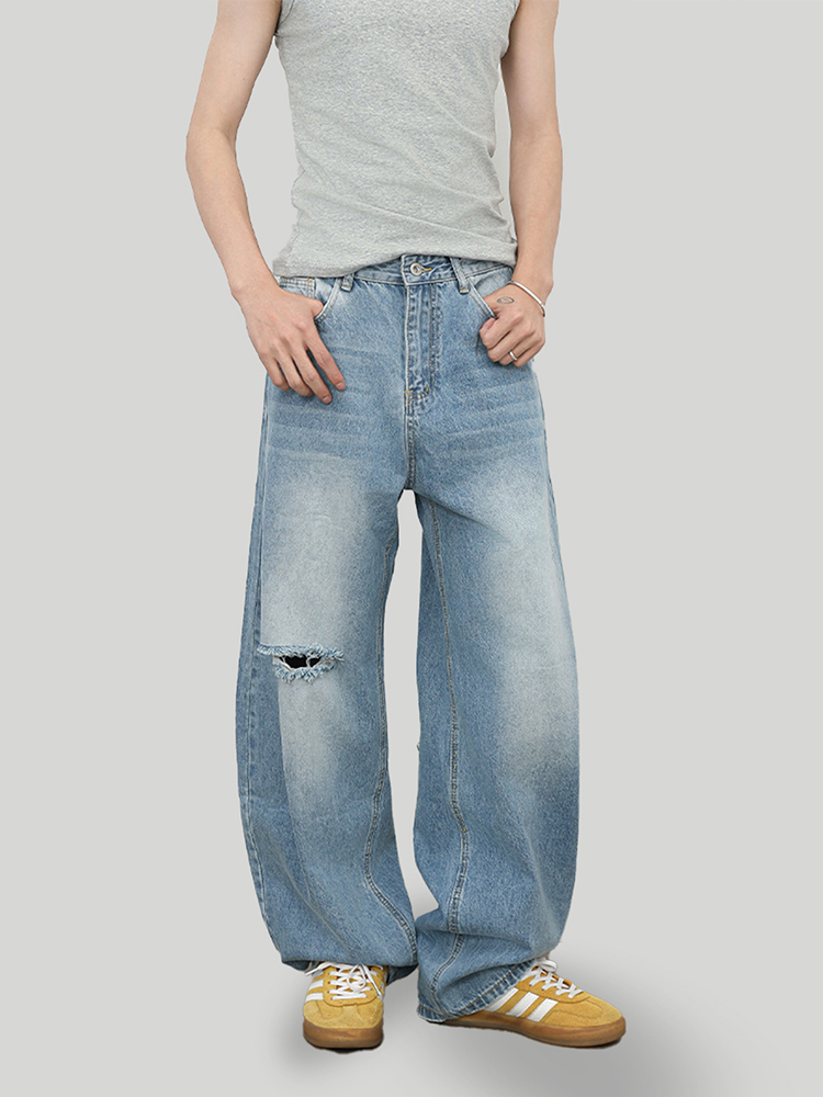 Men's American Retro Ripped Jeans, Clean Fit Curved Blade, Stylish Washed Loose Wide-Leg Pants for Y2K Fashion