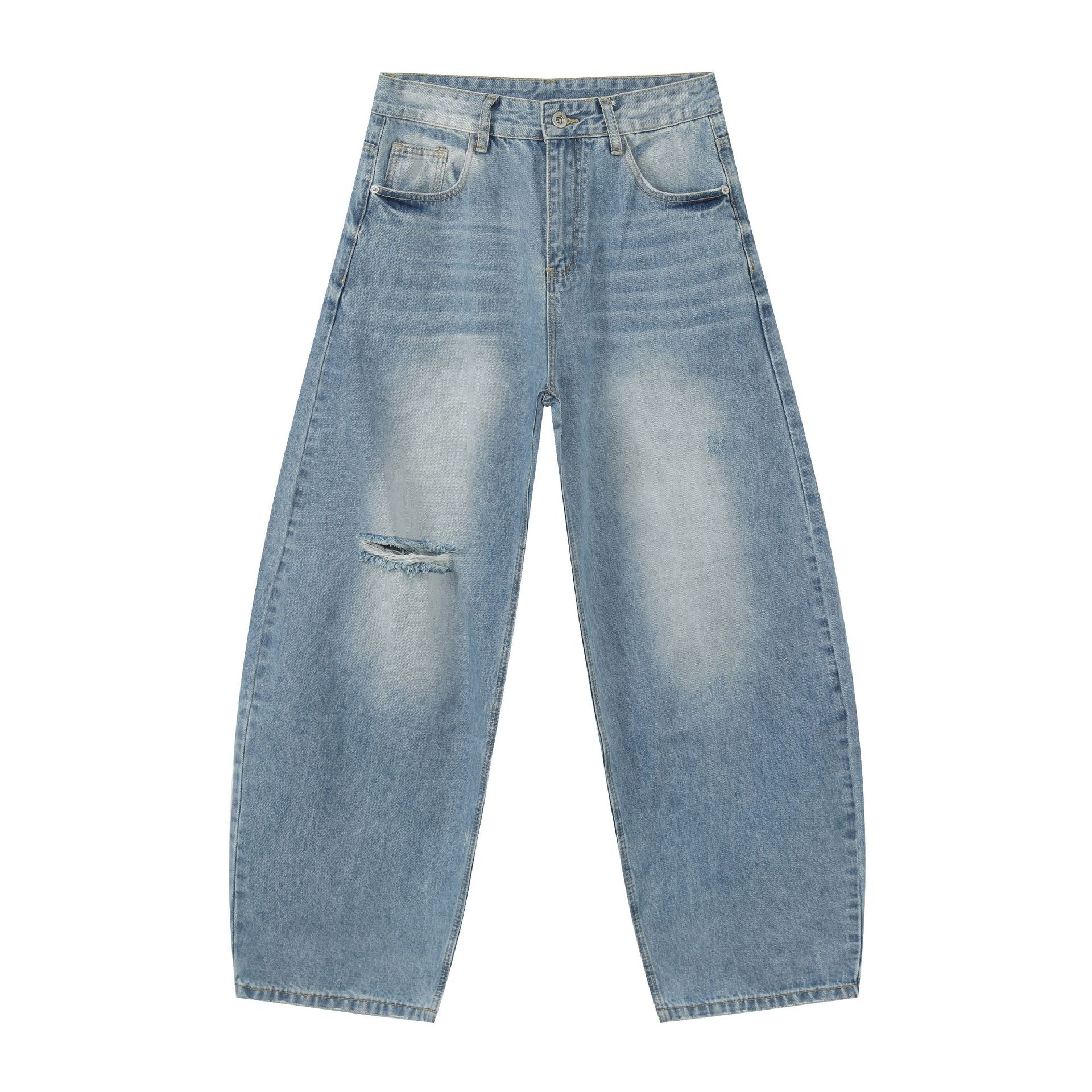 Men's American Retro Ripped Jeans, Clean Fit Curved Blade, Stylish Washed Loose Wide-Leg Pants for Y2K Fashion