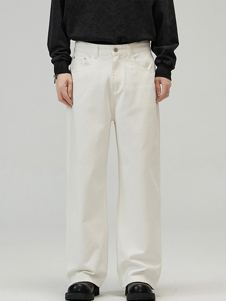Men's American Retro White Wide-Leg Jeans, Loose Straight Fit, High-End Solid Color, Floor-Length Fashion Pants