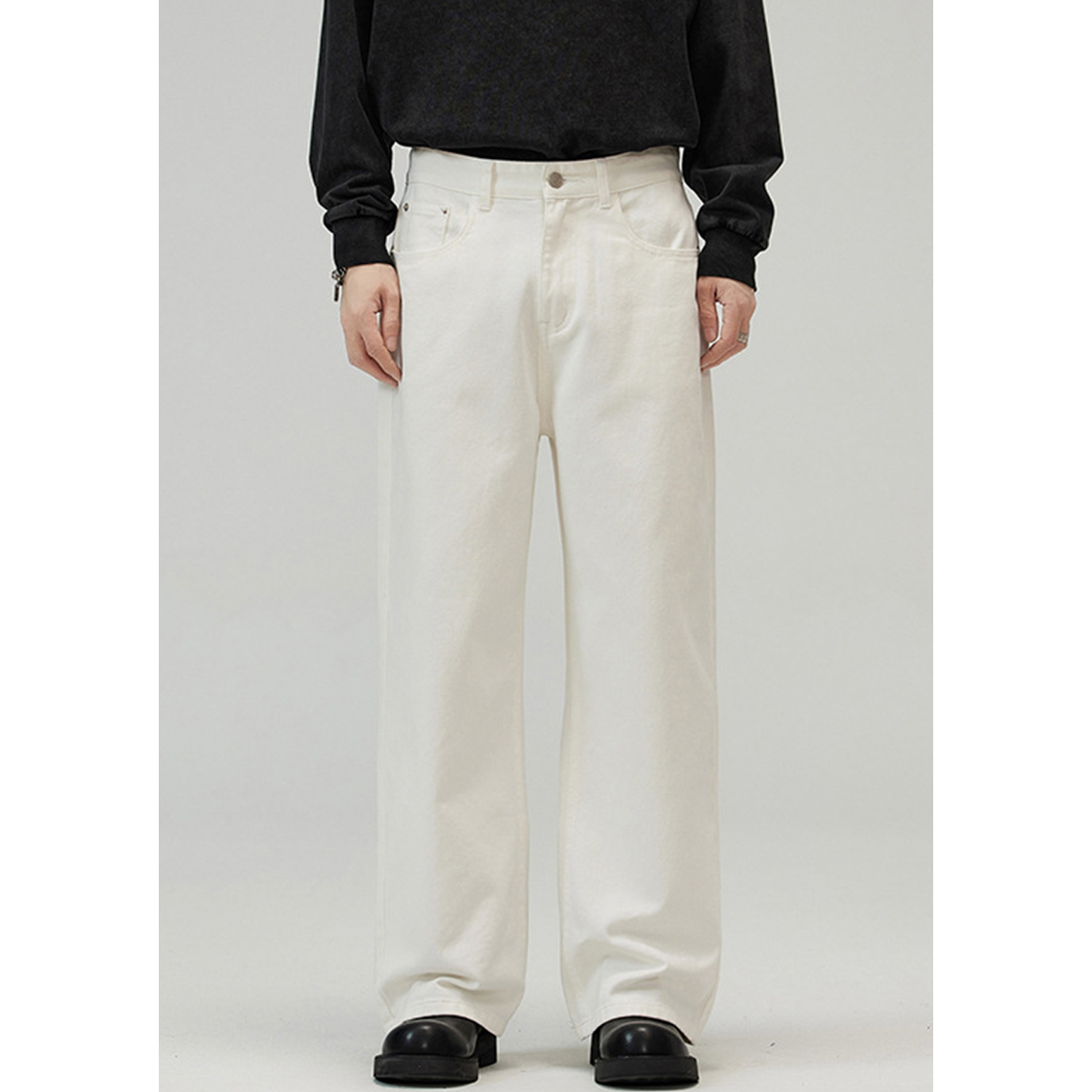 Men's American Retro White Wide-Leg Jeans, Loose Straight Fit, High-End Solid Color, Floor-Length Fashion Pants