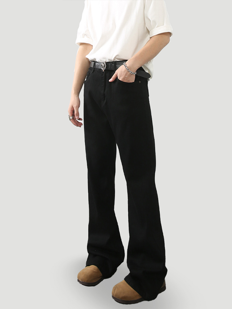 Men's American Vintage Distressed Black Bootcut Micro-Flare Jeans with Curved Blade Design - Slim Straight Long Pants