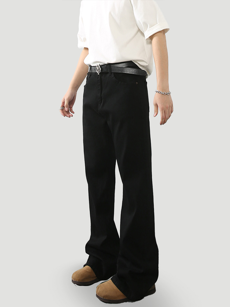 Men's American Vintage Distressed Black Bootcut Micro-Flare Jeans with Curved Blade Design - Slim Straight Long Pants Men's American Vintage Distressed Black Bootcut Micro-Flare Jeans with Curved Blade Design - Slim Straight Long Pants