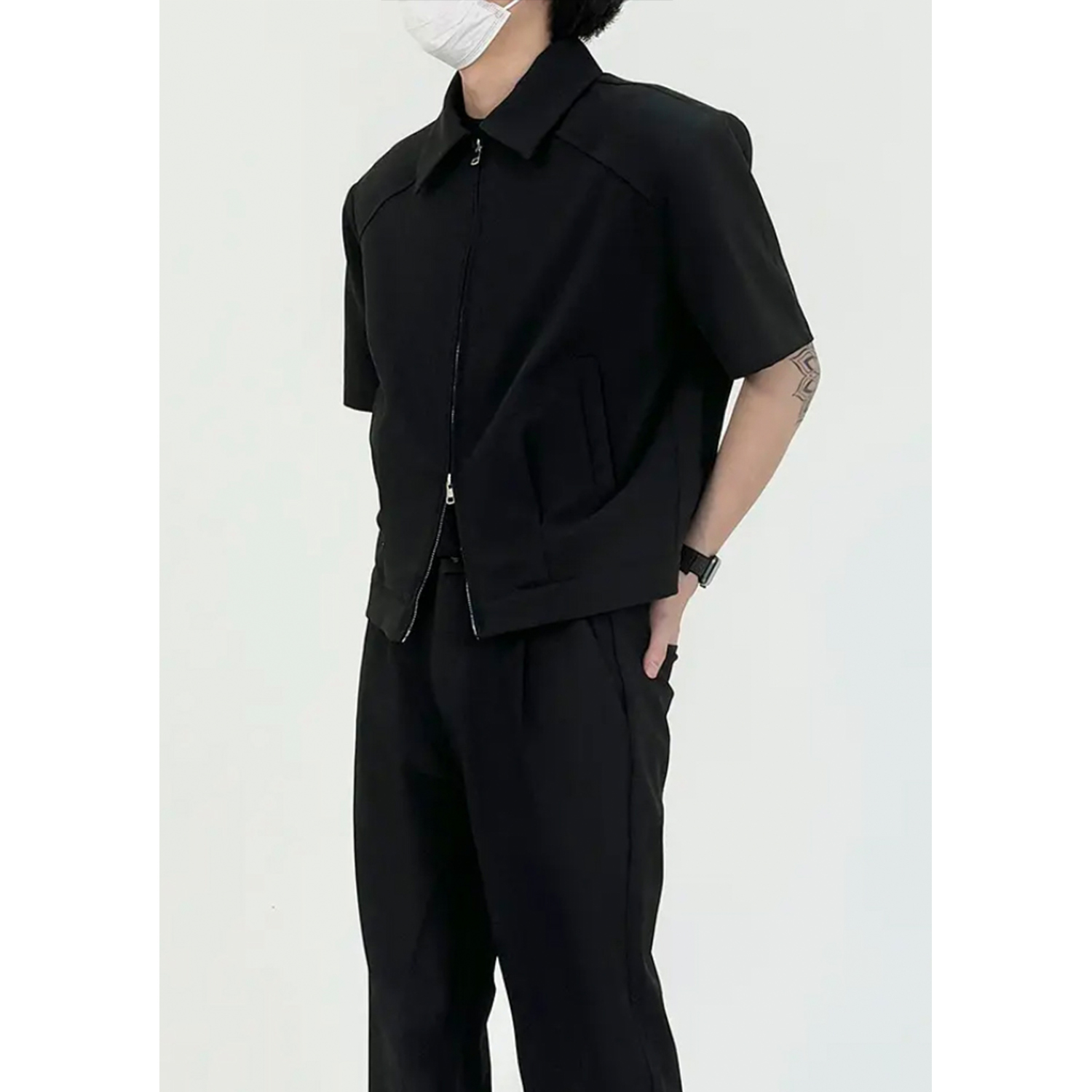 Men's Black Minimalist Short Jacket with Shoulder Pads - Cleanfit Summer Coat, Short Sleeve, Stylish Casual Outerwear