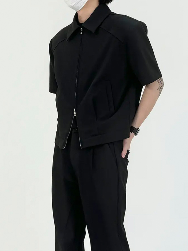 Men's Black Minimalist Short Jacket with Shoulder Pads - Cleanfit Summer Coat, Short Sleeve, Stylish Casual Outerwear