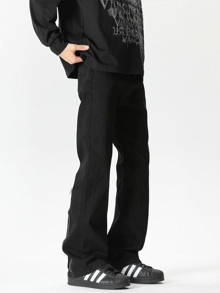 Men's Black Zip Elastic Denim Flared Pants - High Street Clean Fit, Trendy Streetwear, Cool 90s Vibe Men's Black Zip Elastic Denim Flared Pants - High Street Clean Fit, Trendy Streetwear, Cool 90s Vibe