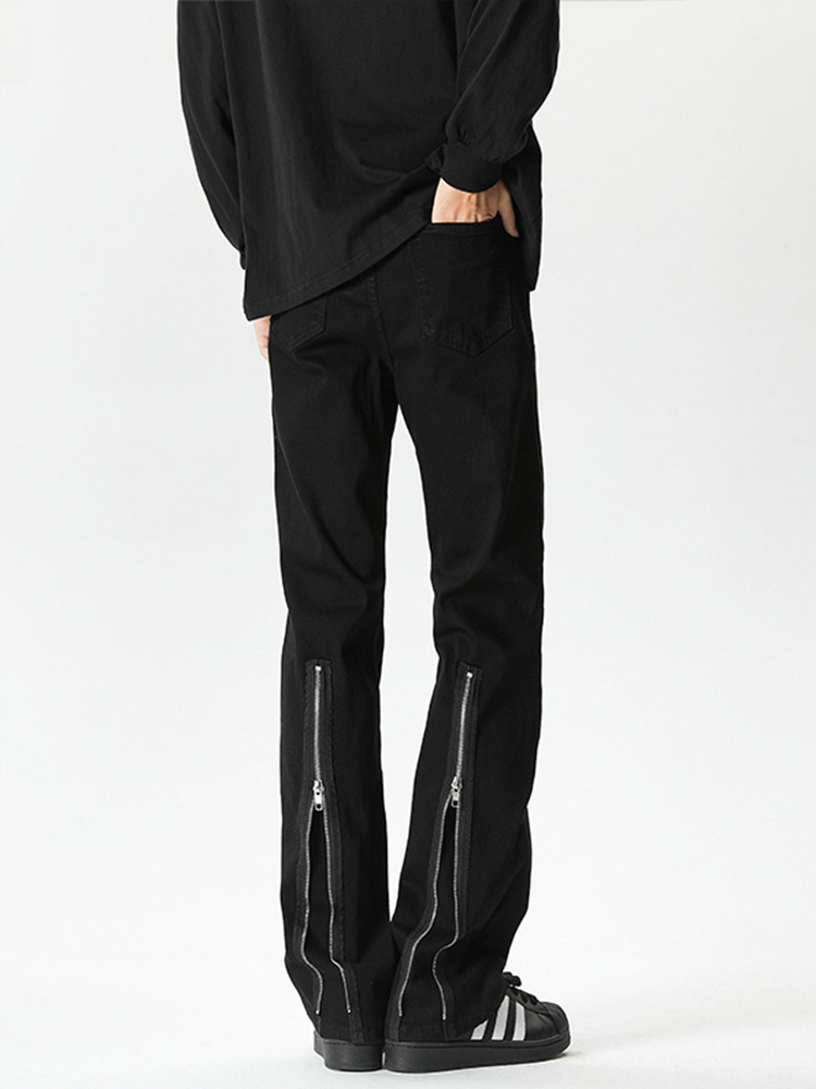 Men's Black Zip Elastic Denim Flared Pants - High Street Clean Fit, Trendy Streetwear, Cool 90s Vibe Men's Black Zip Elastic Denim Flared Pants - High Street Clean Fit, Trendy Streetwear, Cool 90s Vibe