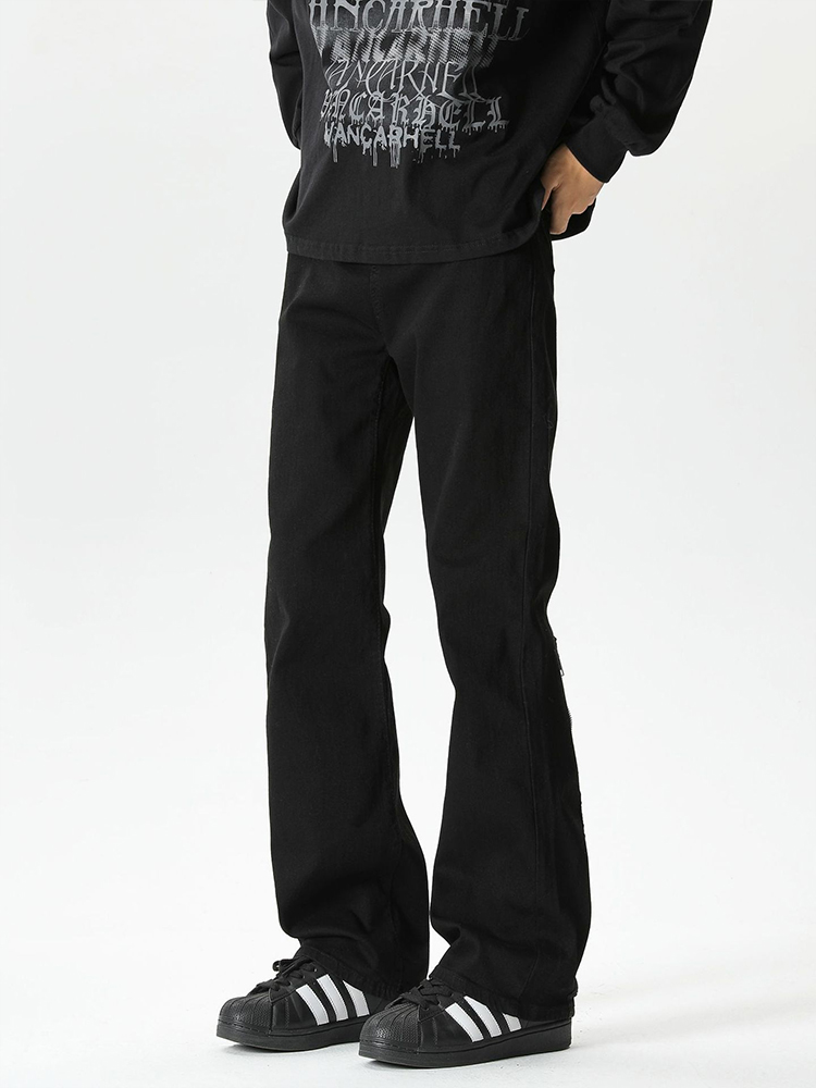 Men's Black Zip Elastic Denim Flared Pants - High Street Clean Fit, Trendy Streetwear, Cool 90s Vibe Men's Black Zip Elastic Denim Flared Pants - High Street Clean Fit, Trendy Streetwear, Cool 90s Vibe