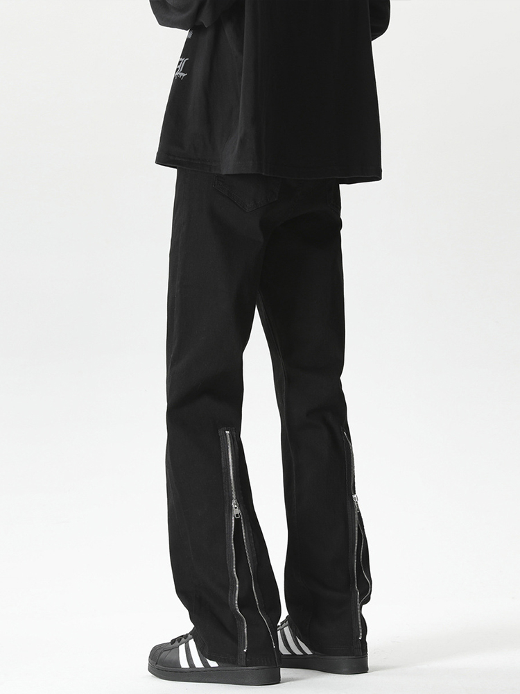 Men's Black Zip Elastic Denim Flared Pants - High Street Clean Fit, Trendy Streetwear, Cool 90s Vibe