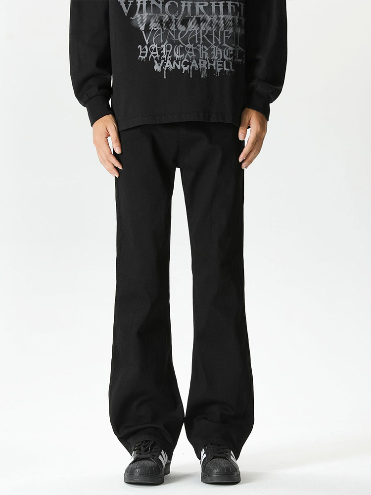 Men's Black Zip Elastic Denim Flared Pants - High Street Clean Fit, Trendy Streetwear, Cool 90s Vibe Men's Black Zip Elastic Denim Flared Pants - High Street Clean Fit, Trendy Streetwear, Cool 90s Vibe