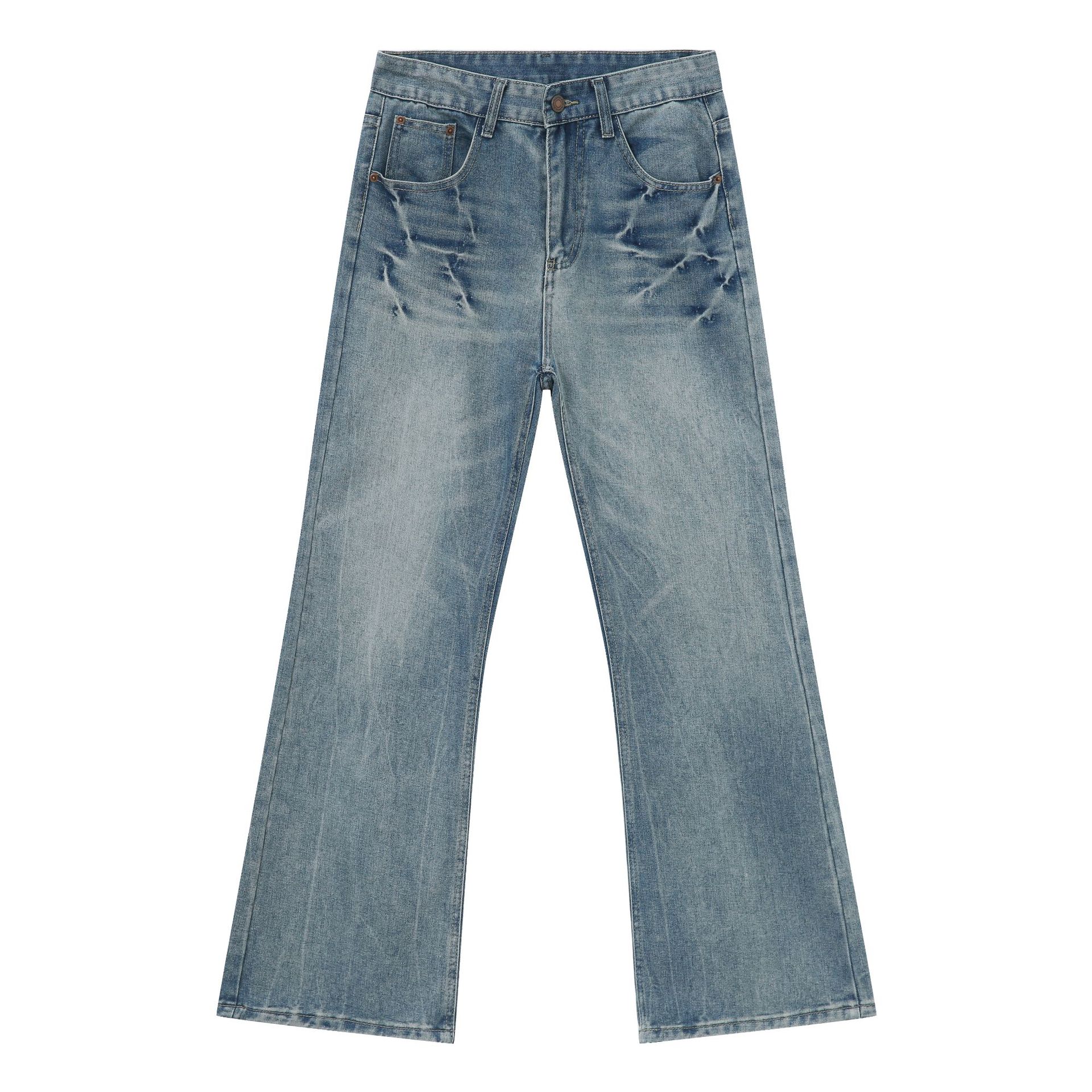 Men's Distressed Blue Wash Micro Flare Jeans - American High Street Casual Pants, Trendy Lightning Crack Design