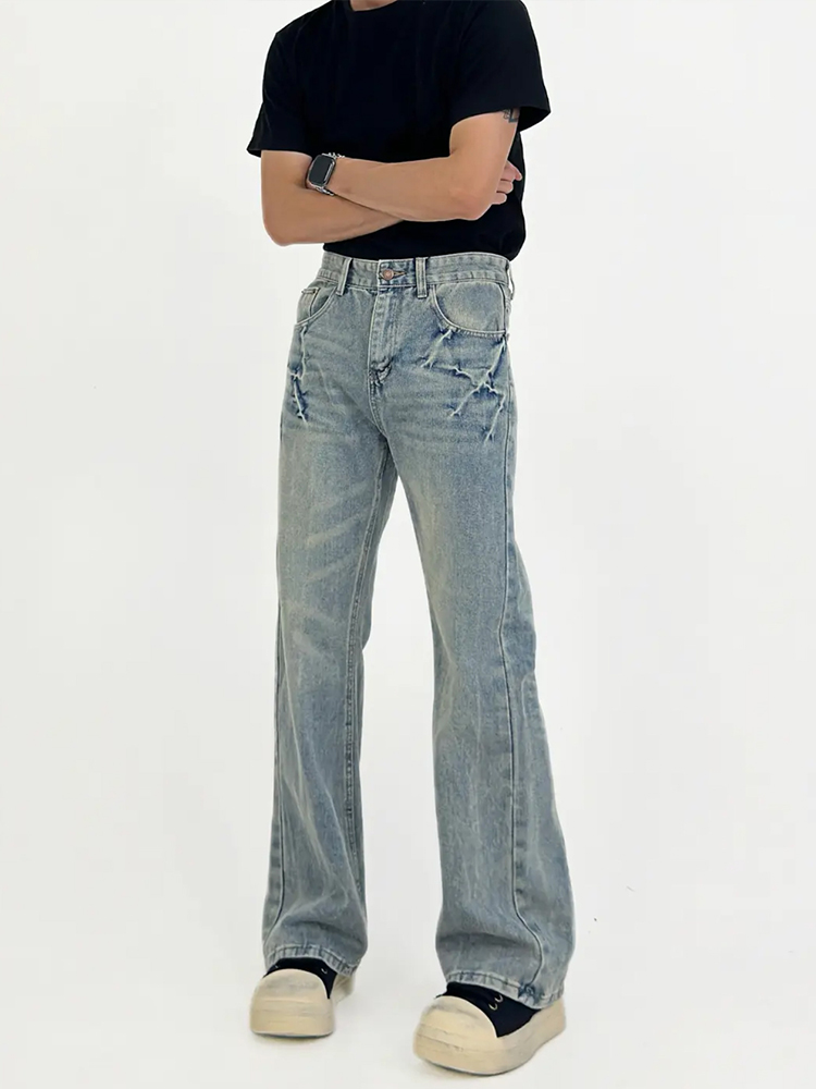 Men's Distressed Blue Wash Micro Flare Jeans - American High Street Casual Pants, Trendy Lightning Crack Design Men's Distressed Blue Wash Micro Flare Jeans - American High Street Casual Pants, Trendy Lightning Crack Design