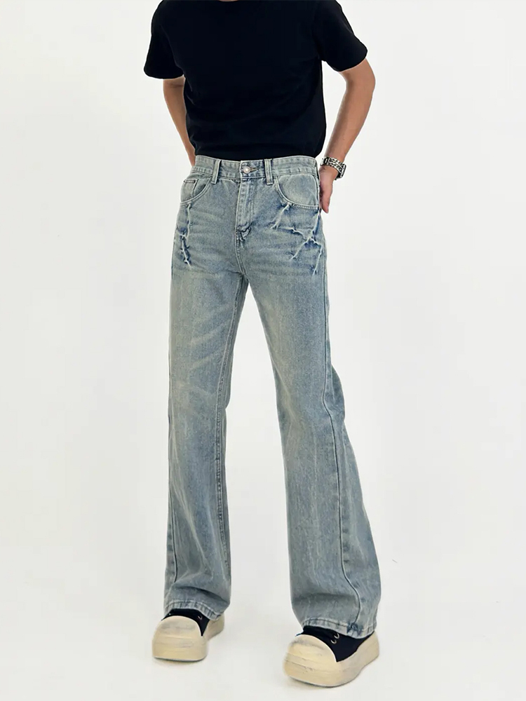Men's Distressed Blue Wash Micro Flare Jeans - American High Street Casual Pants, Trendy Lightning Crack Design Men's Distressed Blue Wash Micro Flare Jeans - American High Street Casual Pants, Trendy Lightning Crack Design