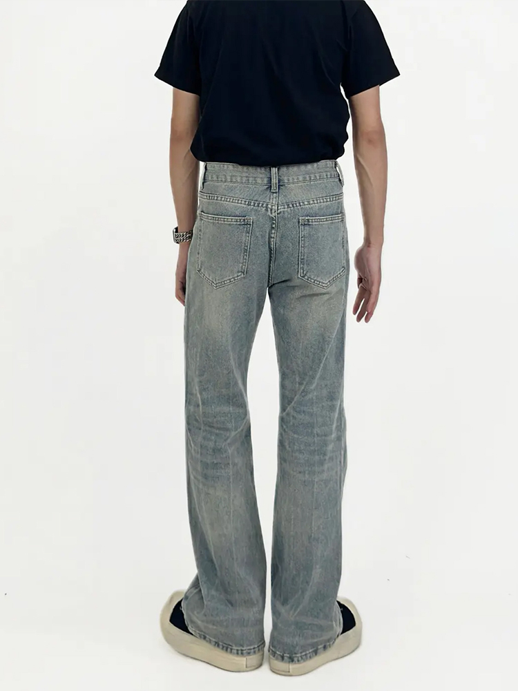 Men's Distressed Blue Wash Micro Flare Jeans - American High Street Casual Pants, Trendy Lightning Crack Design Men's Distressed Blue Wash Micro Flare Jeans - American High Street Casual Pants, Trendy Lightning Crack Design