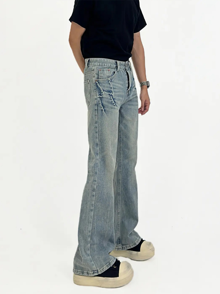 Men's Distressed Blue Wash Micro Flare Jeans - American High Street Casual Pants, Trendy Lightning Crack Design Men's Distressed Blue Wash Micro Flare Jeans - American High Street Casual Pants, Trendy Lightning Crack Design