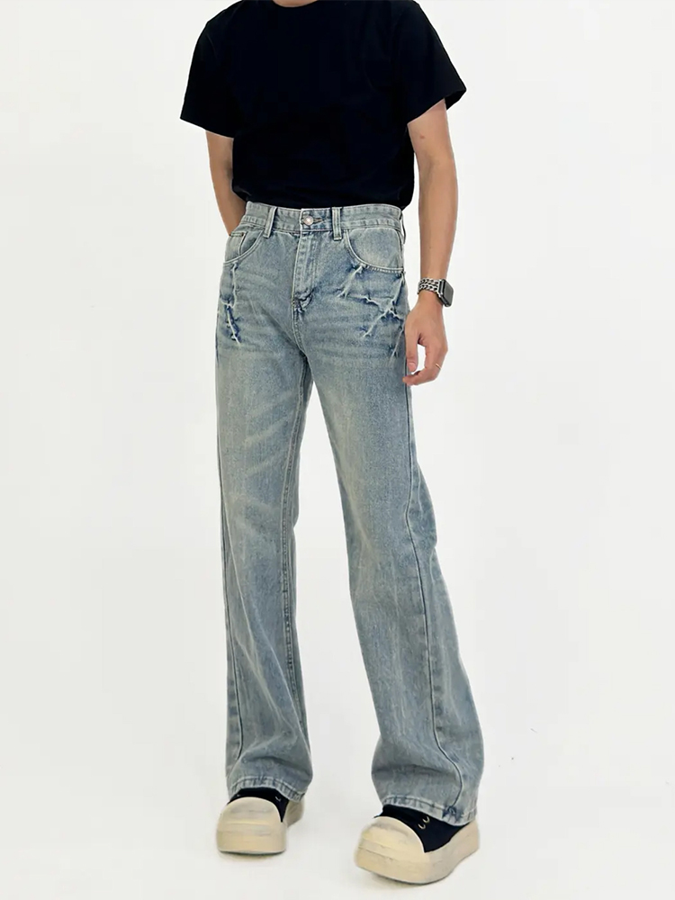 Men's Distressed Blue Wash Micro Flare Jeans - American High Street Casual Pants, Trendy Lightning Crack Design