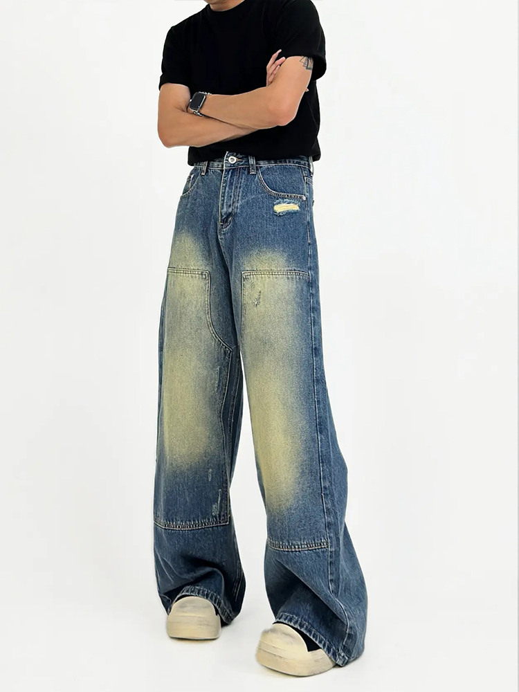 Men's Distressed Washed Carpenter Jeans - American Retro Vibe Loose Straight-Leg Casual Pants