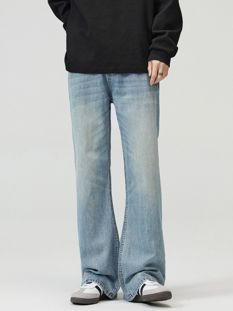 Men's High Street Clean Fit Washed Light Blue Micro-Flare Jeans - Slim Fit, Flattering Design for a Stylish 90s Look