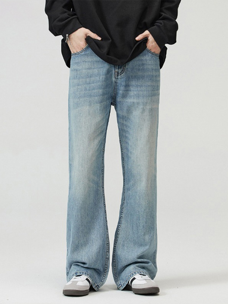 Men's High Street Clean Fit Washed Light Blue Micro-Flare Jeans - Slim Fit, Flattering Design for a Stylish 90s Look Men's High Street Clean Fit Washed Light Blue Micro-Flare Jeans - Slim Fit, Flattering Design for a Stylish 90s Look