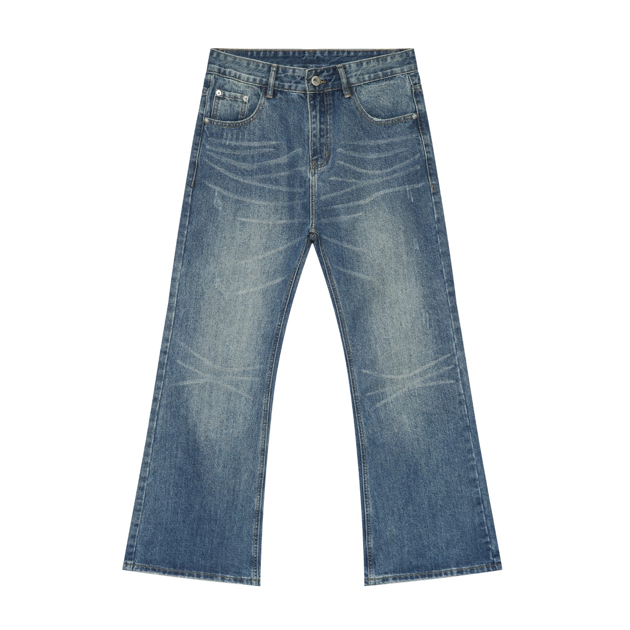 Men's High-Waisted Vintage Micro-Flare Jeans - Slim Fit, Casual American Retro Style, Whisker Detail, 90s Inspired Long Pants