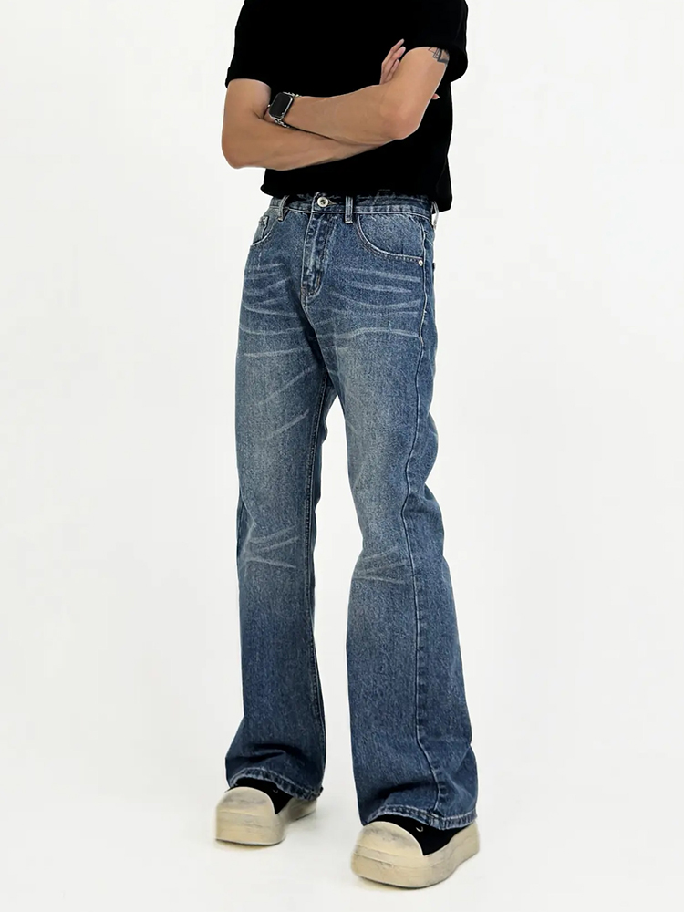 Men's High-Waisted Vintage Micro-Flare Jeans - Slim Fit, Casual American Retro Style, Whisker Detail, 90s Inspired Long Pants
