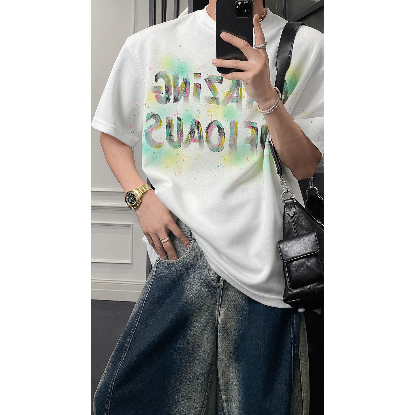 Men's Loose Fit Heavy Splash Ink Letter Print T-Shirt - Summer American Trendy Short Sleeve Top