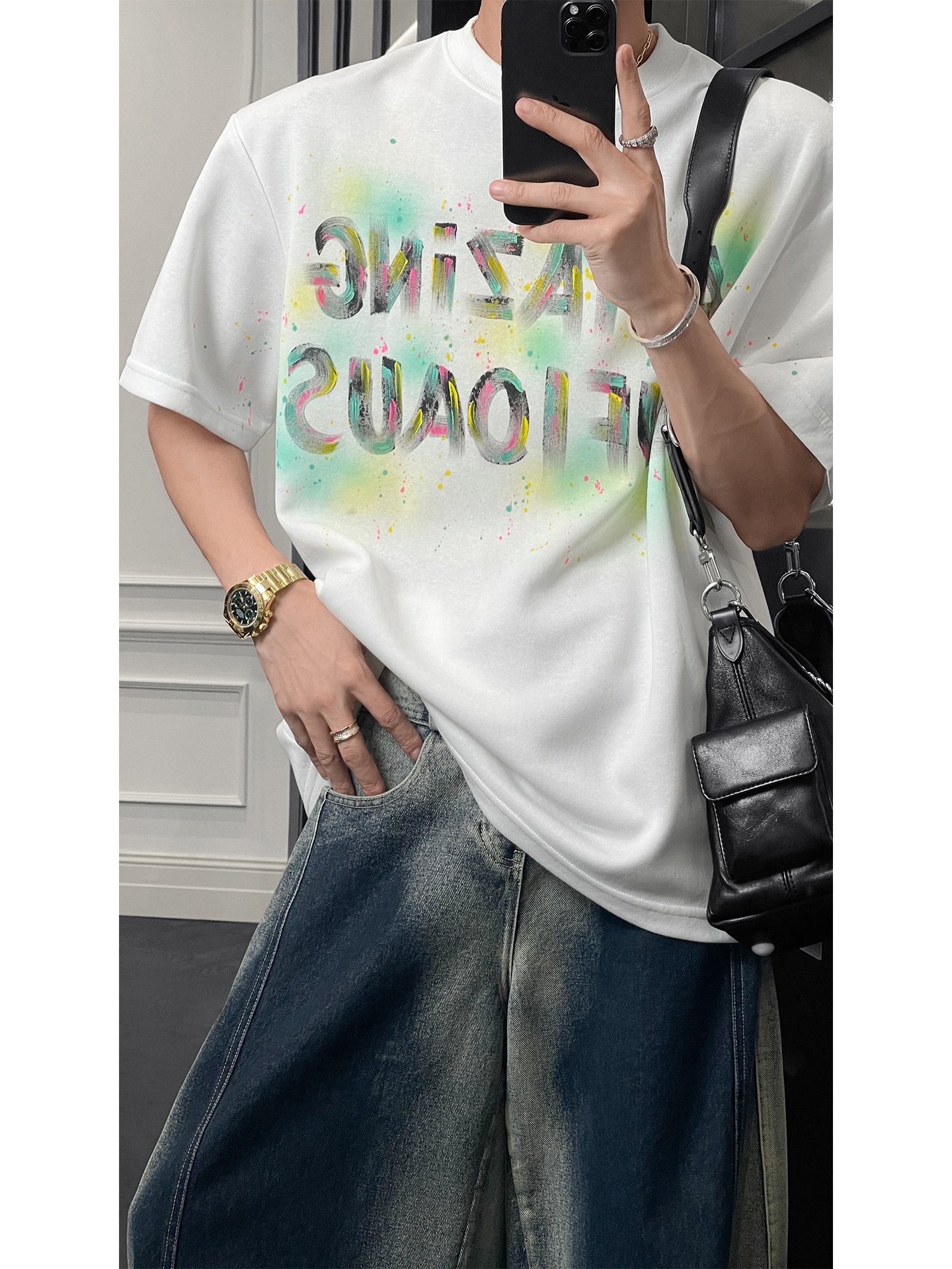 Men's Loose Fit Heavy Splash Ink Letter Print T-Shirt - Summer American Trendy Short Sleeve Top