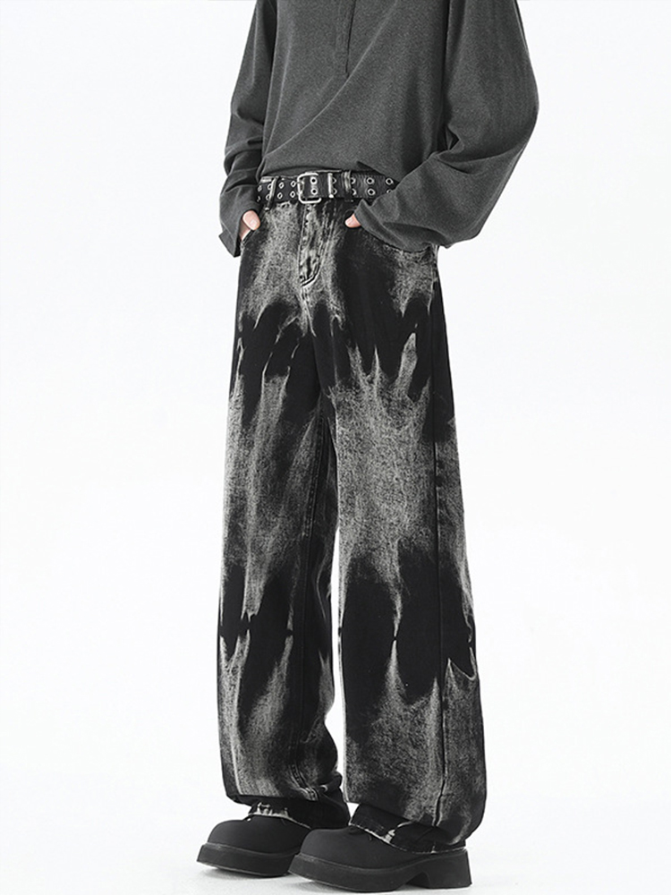 Men's Loose Straight Fit Tie-Dye Casual Jeans - Trendy High Street Style Long Pants