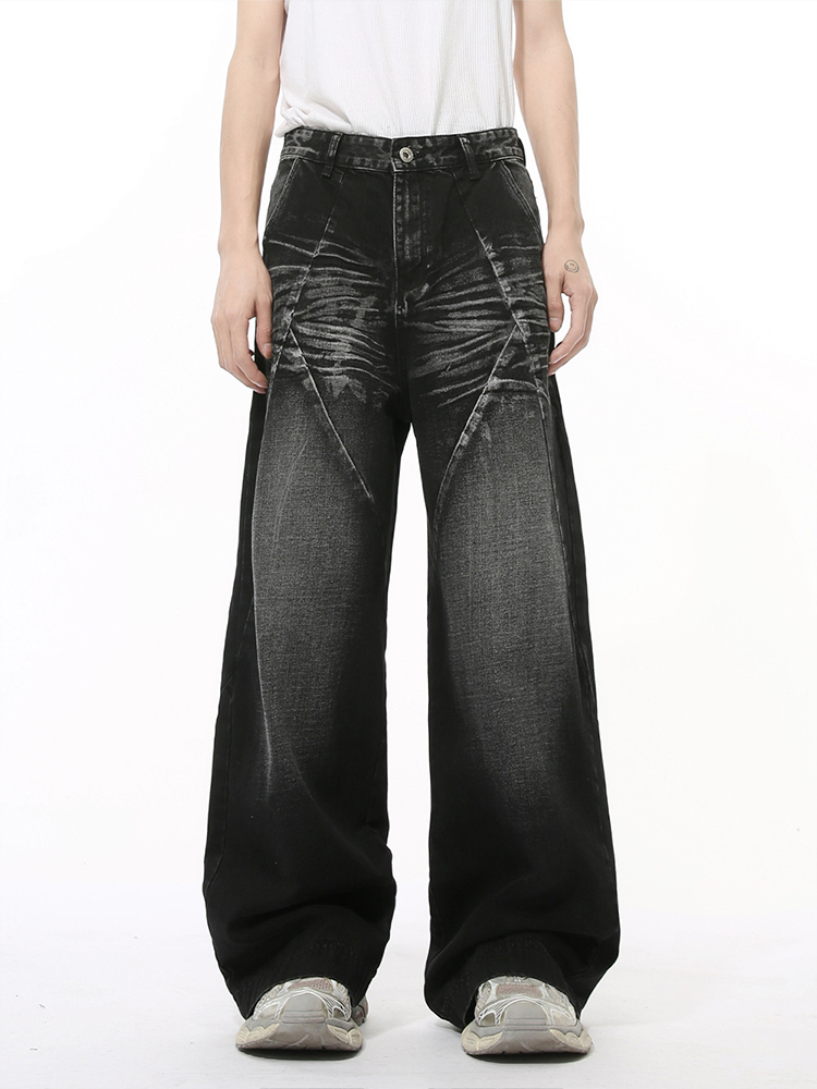 Men's Loose Straight Wide-Leg Denim Pants with Cat Whisker Wash and Three-Dimensional Cut, Spliced Design Men's Loose Straight Wide-Leg Denim Pants with Cat Whisker Wash and Three-Dimensional Cut, Spliced Design