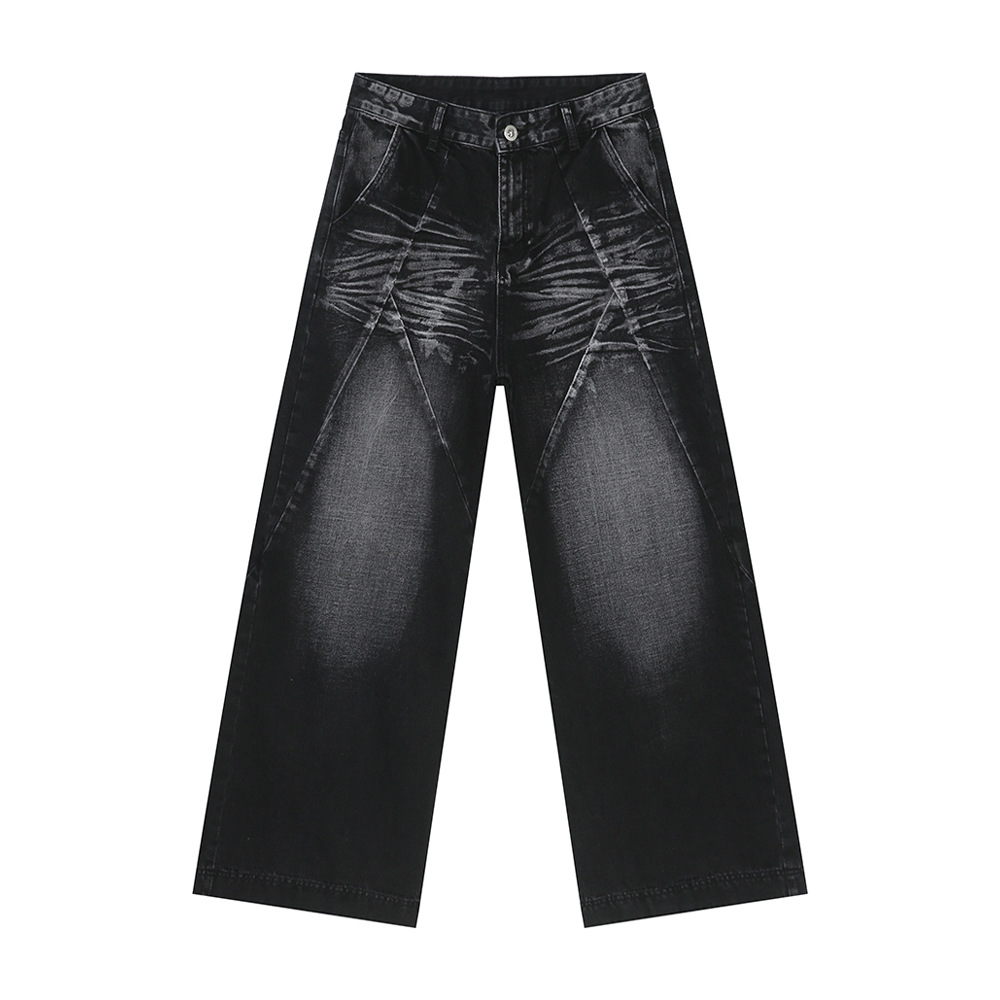 Men's Loose Straight Wide-Leg Denim Pants with Cat Whisker Wash and Three-Dimensional Cut, Spliced Design