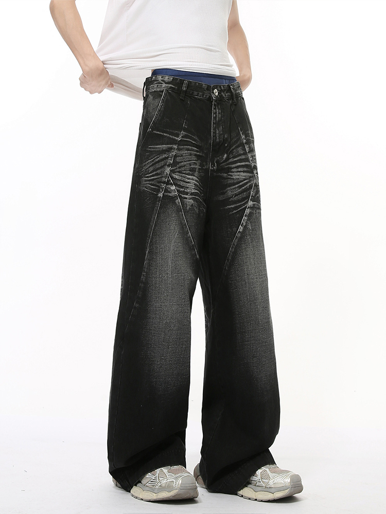 Men's Loose Straight Wide-Leg Denim Pants with Cat Whisker Wash and Three-Dimensional Cut, Spliced Design Men's Loose Straight Wide-Leg Denim Pants with Cat Whisker Wash and Three-Dimensional Cut, Spliced Design