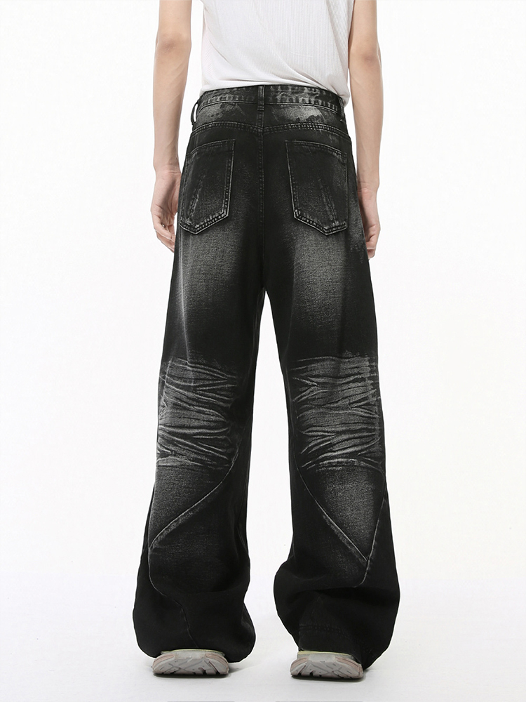 Men's Loose Straight Wide-Leg Denim Pants with Cat Whisker Wash and Three-Dimensional Cut, Spliced Design Men's Loose Straight Wide-Leg Denim Pants with Cat Whisker Wash and Three-Dimensional Cut, Spliced Design