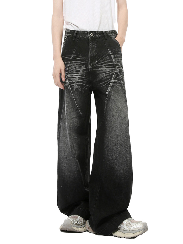 Men's Loose Straight Wide-Leg Denim Pants with Cat Whisker Wash and Three-Dimensional Cut, Spliced Design