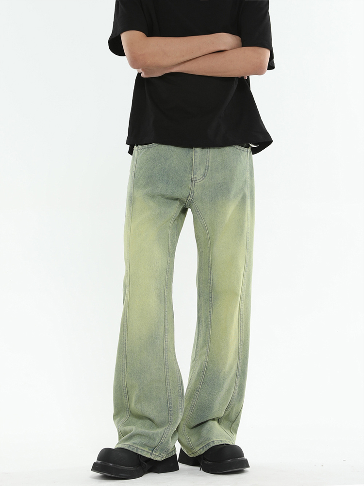 Men's Micro-Flare Jeans with Patchwork Design - Clean Fit, Straight Cut, Wide-Leg Pants for 90s Inspired High Street Style Men's Micro-Flare Jeans with Patchwork Design - Clean Fit, Straight Cut, Wide-Leg Pants for 90s Inspired High Street Style