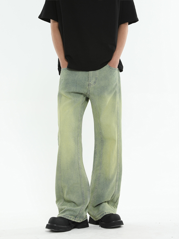 Men's Micro-Flare Jeans with Patchwork Design - Clean Fit, Straight Cut, Wide-Leg Pants for 90s Inspired High Street Style Men's Micro-Flare Jeans with Patchwork Design - Clean Fit, Straight Cut, Wide-Leg Pants for 90s Inspired High Street Style