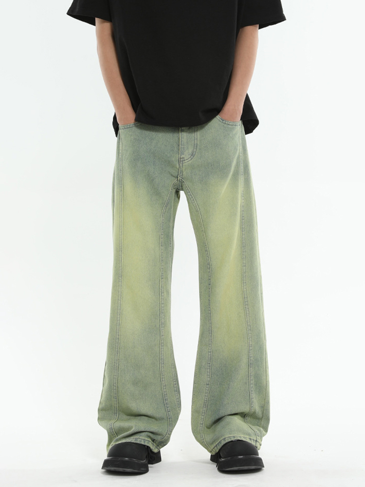 Men's Micro-Flare Jeans with Patchwork Design - Clean Fit, Straight Cut, Wide-Leg Pants for 90s Inspired High Street Style Men's Micro-Flare Jeans with Patchwork Design - Clean Fit, Straight Cut, Wide-Leg Pants for 90s Inspired High Street Style