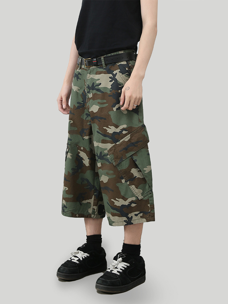 Men's Multi-Pocket Camouflage Denim Cargo Shorts - Loose Wide-Leg Straight Fit, American High Street Trendy Mid-Length Shorts