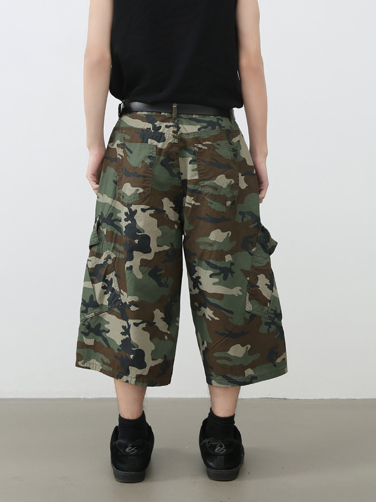 Men's Multi-Pocket Camouflage Denim Cargo Shorts - Loose Wide-Leg Straight Fit, American High Street Trendy Mid-Length Shorts Men's Multi-Pocket Camouflage Denim Cargo Shorts - Loose Wide-Leg Straight Fit, American High Street Trendy Mid-Length Shorts