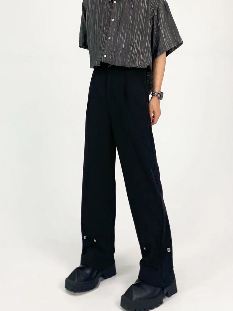Men's Pure Black Loose Straight-Leg Pants with Metal Button Design - Casual Minimalist High-End Slimming Style Men's Pure Black Loose Straight-Leg Pants with Metal Button Design - Casual Minimalist High-End Slimming Style